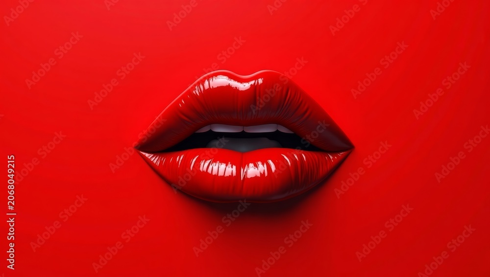 Obraz premium Glossy red lips with white teeth against a vibrant red background, showcasing a bold and striking beauty aesthetic in a close-up view