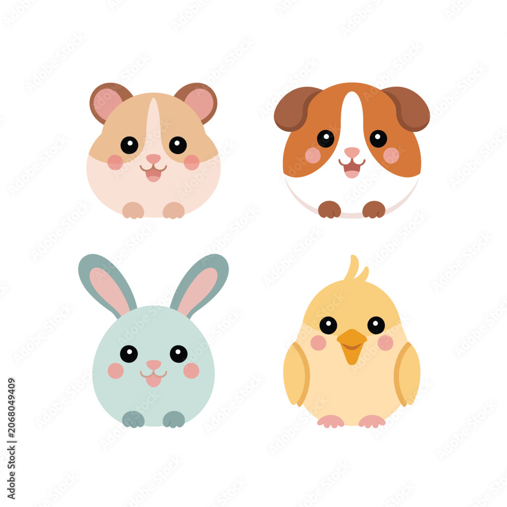 Fototapeta premium Adorable Pets Collection, Hamster Puppy Bunny Chick Faces, Cute Colorful Style, Flat Vector Icons, Nursery Decor Clipart Collection Decorative Elements