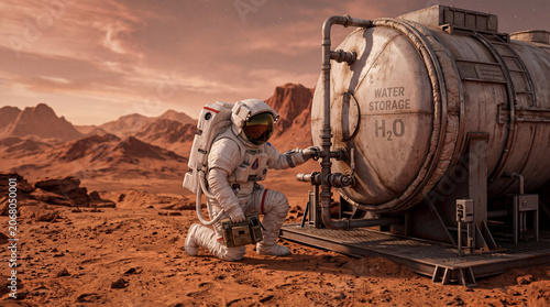 astronaut on Mars is inspecting water storage