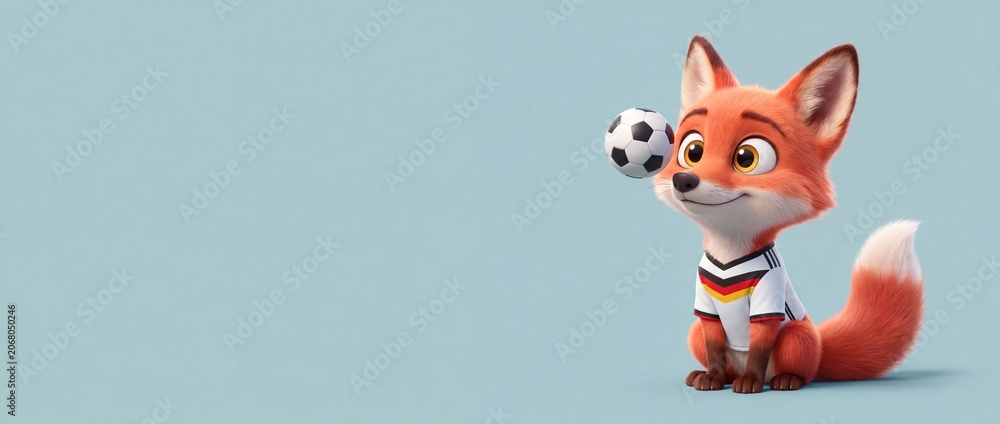 Naklejka premium Cute cartoon fox soccer player balancing football on nose wearing Germany jersey. Playful animal mascot character sitting on blue background banner with copy space for sports tournament championship.