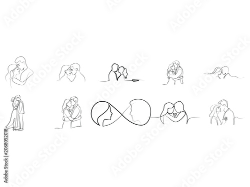Minimal One-Line Romantic Couple Vector Set – Continuous Line Hugging, Kissing and Infinity Love Art Collection