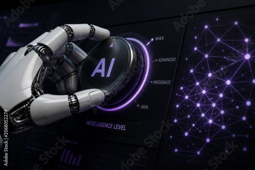 Robot hand adjusting ai control dial on dark interface panel