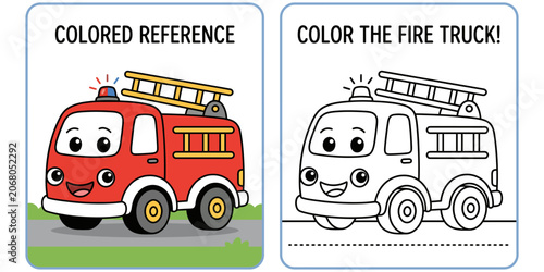 Cute fire truck colouring page for kids colouring activity reference image included