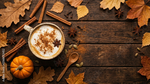 Pumpkin spice latte flat lay with cinnamon and autumn spices