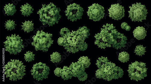Bild auf Leinwand Set of top view trees isolated on black background for landscape design, archite