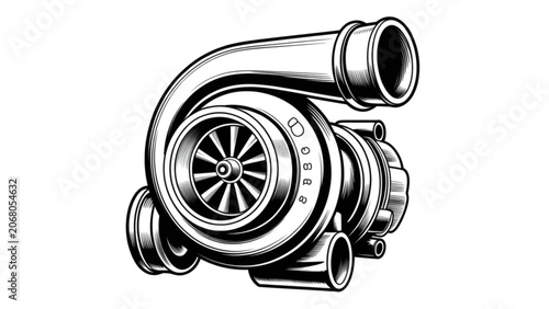 Foto Black turbocharger engine component with piping and bolts in detailed illustrati