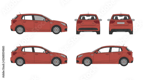 Red modern car illustration in multiple angles with shadow effects Vector