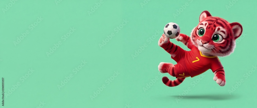 Fototapeta premium Cute Red Tiger Mascot Soccer player kicking ball in midair, 3D animated cartoon character wearing red football uniform jersey number 7 jumping on green background panoramic banner copy space concept.