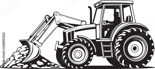 Tableau sur toile Black and white tractor with a front loader isolated on transparent background,
