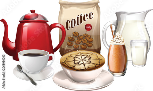 Coffee set with coffee beans and milk