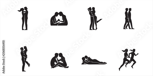 Billede på lærred Romantic couple in various poses silhouettes collection set