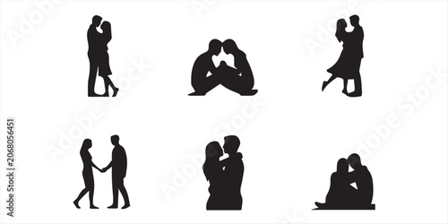 Billede på lærred Romantic couple in various poses silhouettes collection set