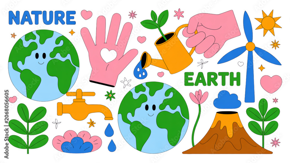 Naklejka premium Colorful nature and earth day illustration with hands holding globe and plants Vector