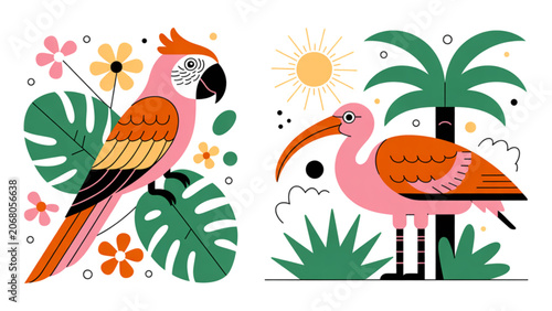 Colorful tropical birds and plants illustration with flamingo and parrots in a vibrant setting Vector