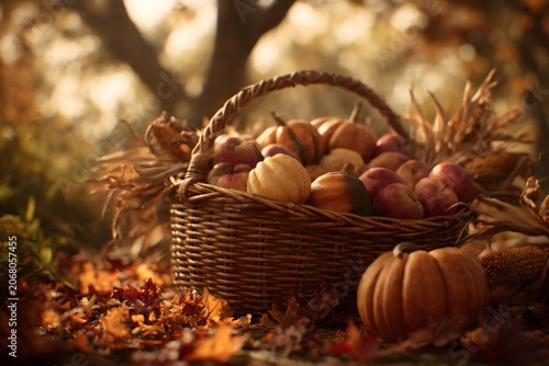 Autumn harvest abundance a woven basket brimming with pumpkins and gourds amidst fallen leaves and rustic stalks, capturing the essence of fall's bounty and seasonal beauty