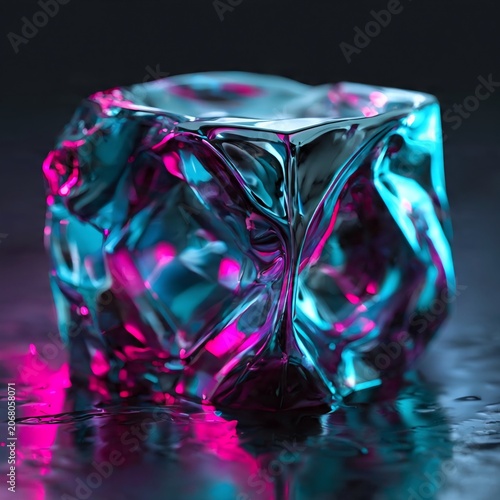 Vibrant neon ice cube glowing with magenta and cyan light on a wet dark surface