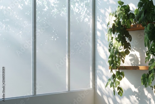 Bright and Minimalist Interior Scene with Soft Sunlight and Trailing Houseplant on a Wooden Shelf