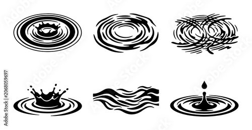 Tableau sur toile Water Ripple Vector Icons Set: Splash, Drop, Wave Effects, Abstract Liquid Motio