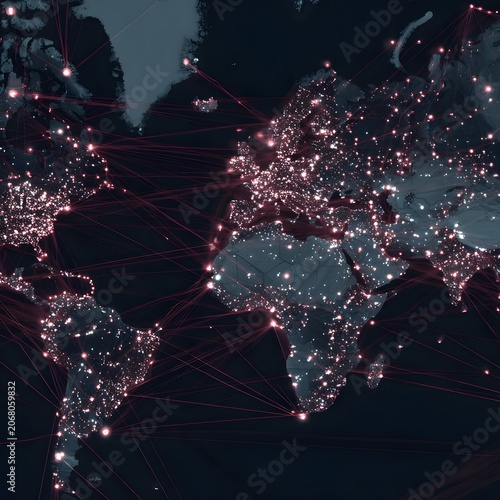 Global Connections at Night: A stylized depiction of the Earth at night, illuminated by glowing city lights and interconnected by glowing lines, symbolizing global networks and communication.