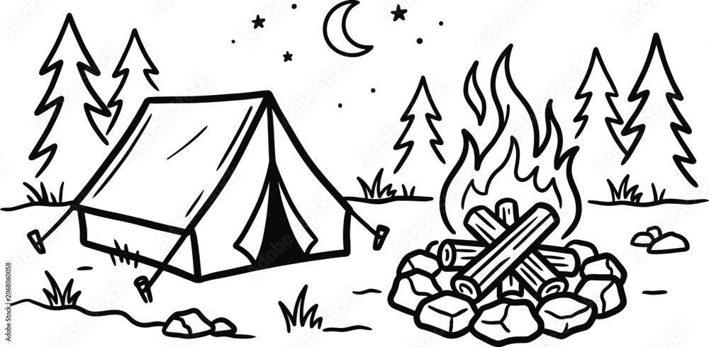 Fototapeta premium Black and white of a tent and campfire under a crescent moon and stars camping night