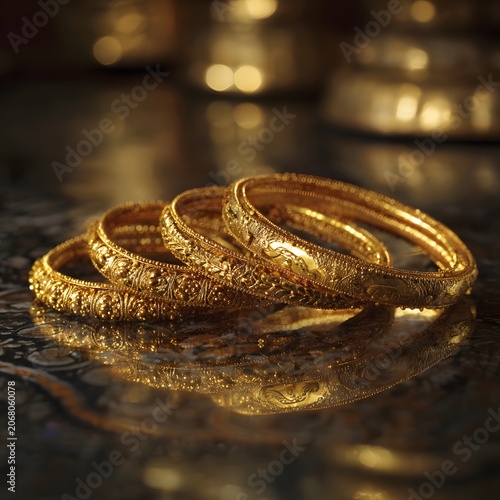 Golden Bangle Collection: A close-up shot showcases a stack of intricately designed golden bangles, exuding opulence and traditional craftsmanship, their metallic sheen reflecting the ambient light.