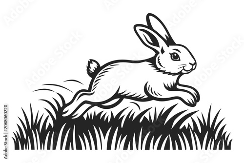 Fast Rabbit Leaping in Green Pasture, Wildlife Action Scene Vector Illustration Art