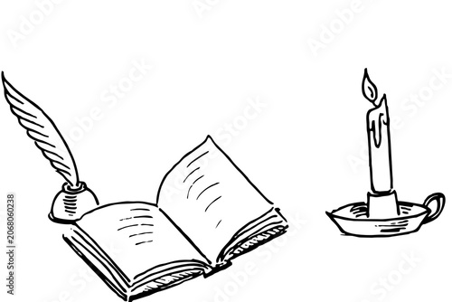 Open book with quill pen and inkwell sketch on plain background minimalist line art