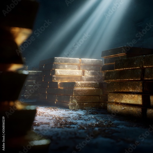 Gleaming Gold Bars in Vault: Piles of gleaming gold bars are stacked high in a dimly lit vault, illuminated by dramatic shafts of light, evoking a sense of wealth and security.
