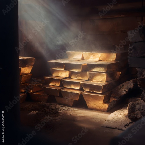 Gleaming Gold Bars in Vault: A rich hoard of polished gold bars stacked in a dimly lit vault, illuminated by dramatic rays of light, exuding an aura of wealth and preciousness.