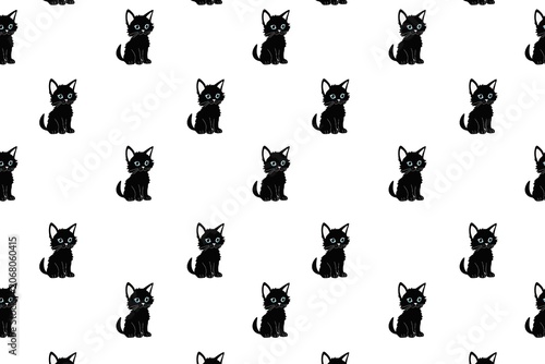 Repeating Black Cat Silhouettes Pattern on White Background Minimalist Design