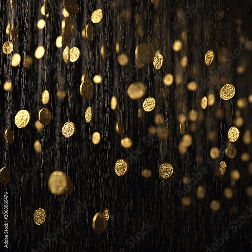 Golden Shower of Wealth: A mesmerizing cascade of gold coins falls from above, creating a scene of opulence and financial prosperity, symbolizing abundant fortune and riches.