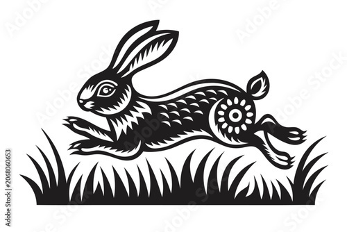 Playful Rabbit Hopping in Grassland, Springtime Nature Theme Vector Graphic Illustration
