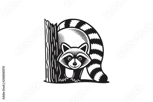 Nocturnal Raccoon Hiding Behind Oak Tree, Cute Forest Animal Character Vector Graphic