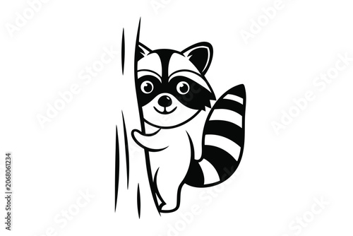 Wild Raccoon Looking Out from Behind Tree in Forest Habitat, Vector Design Element
