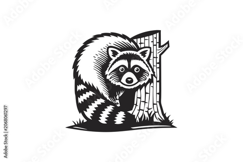 Shy Raccoon Hiding in the Woods Behind a Tree Trunk, Simple Forest Wildlife Vector Graphic