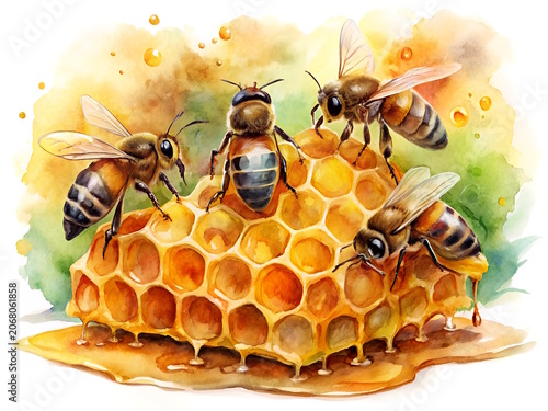 Watercolor honey bees on golden honeycomb with dripping honey on splash background, beekeeping insect illustration