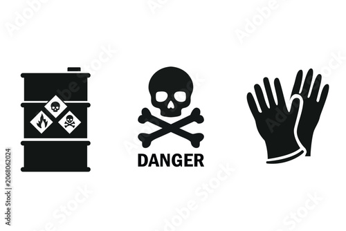 Industrial hazard safety icons set featuring chemical barrel poison skull warning protective gloves chemical protection industry protective materials flammable biohazard equipment handling