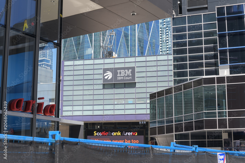Fototapeta premium Toronto Raptors logo and sign of IBM Court at Scotiabank Arena, a named concourse/club area inside the arena created through a corporate partnership with IBM