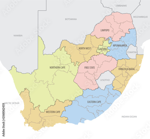 Detailed map of South Africa with borders and administrative divisions of the country, vector illustration