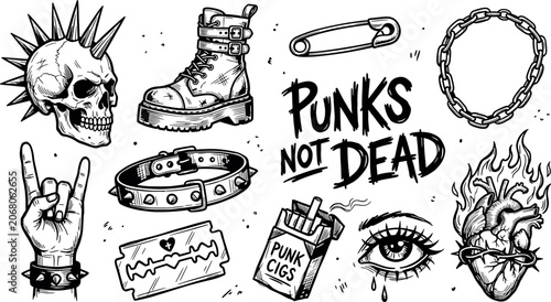 Canvas Print Set of punk rock elements, skull with mohawk, combat boot, safety pin, chain, sp