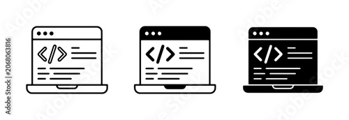 Tableau sur toile Coding Icons: Laptop with Code Snippet, Web Development Symbols, Programming Int