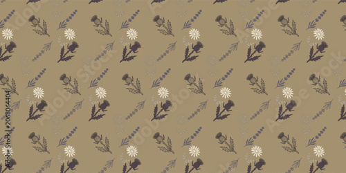 Canvas Print Wildflower pattern with thistles and daisies on beige background