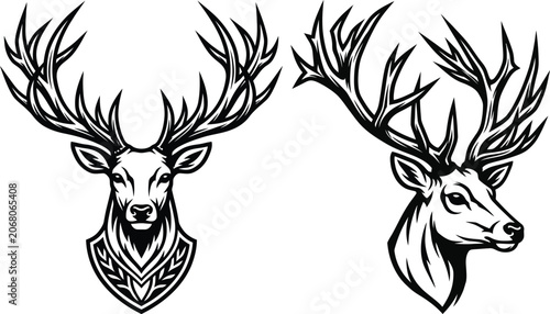Schilderij op canvas Two regal stag heads vintage style black and white illustrations