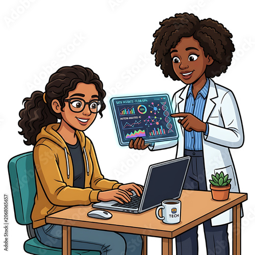 Two women scientists analyzing biotech big data insights in laboratory, vector illustration isolated on white background.