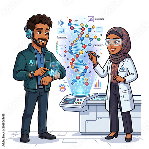 Two multiracial scientists analyzing interactive 3D DNA structure hologram with artificial intelligence technology in futuristic laboratory, White background.