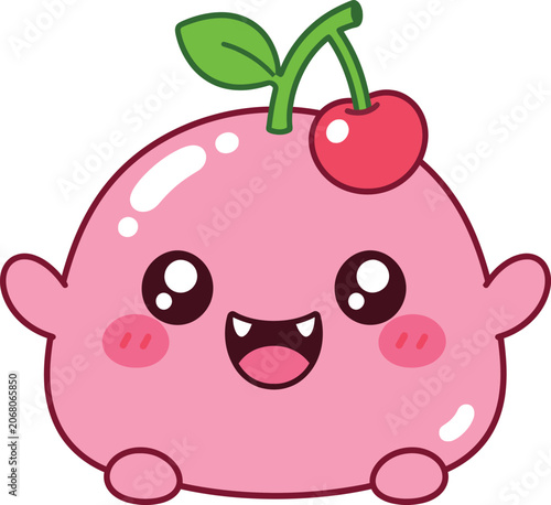 Cute Kawaii Cherry Jelly Cartoon Character with Happy Smiling Face