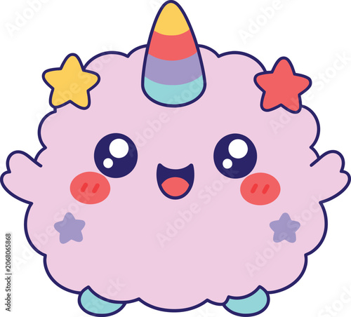 Cute Kawaii Cloud Unicorn Cartoon Character with Rainbow Horn and Stars