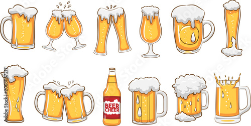 Obraz na płótnie Beer Collection: A vibrant collection of beer mugs, glasses, and a bottle, each overflowing with foamy, golden lager, ready to celebrate good times and fine beverages