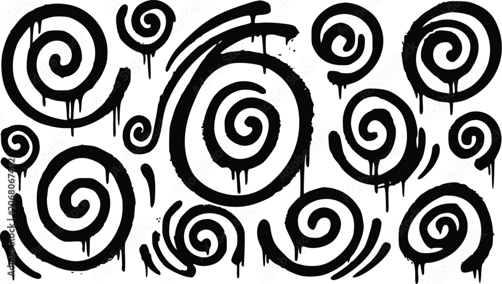 Fototapeta premium Abstract black and white vector illustration featuring various spiral graffiti shapes with dripping spray paint textures for modern creative designs