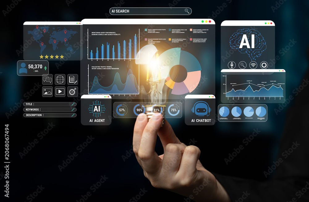 Fototapeta premium Innovative AI Technology Interface with Data Visualizations, Chatbot Features, and Light Bulb Symbolizing Ideas and Inspiration for Digital Solutions. Glyphic.